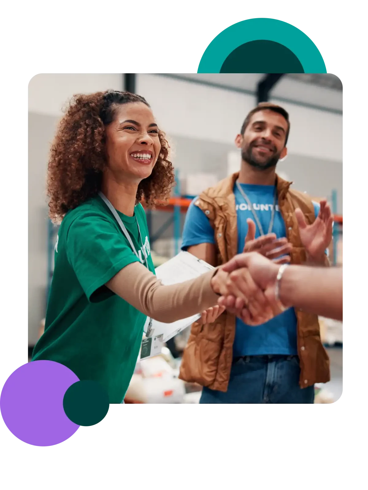 A collage of shapes and a photo of young professional non-profit workers.