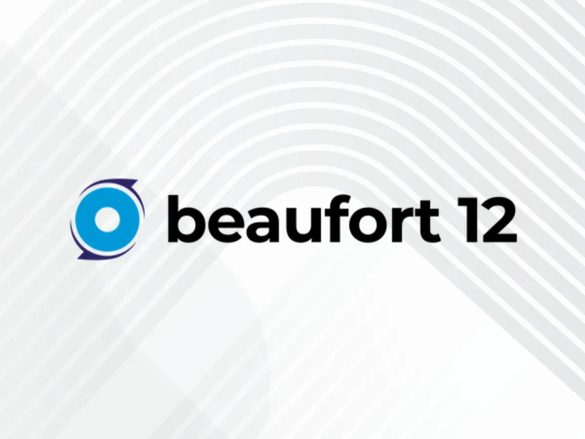 A logo for Beaufort 12 featuring a blue circular icon wrapped by stylized dark blue arrows, next to the black text "beaufort 12."