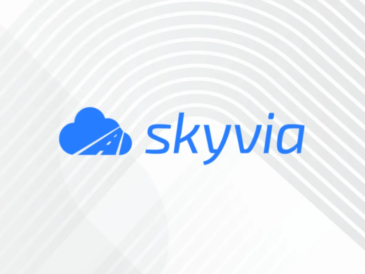 The Skyvia logo features a blue cloud graphic containing a highway shape, positioned next to the company name "skyvia" in blue lettering.