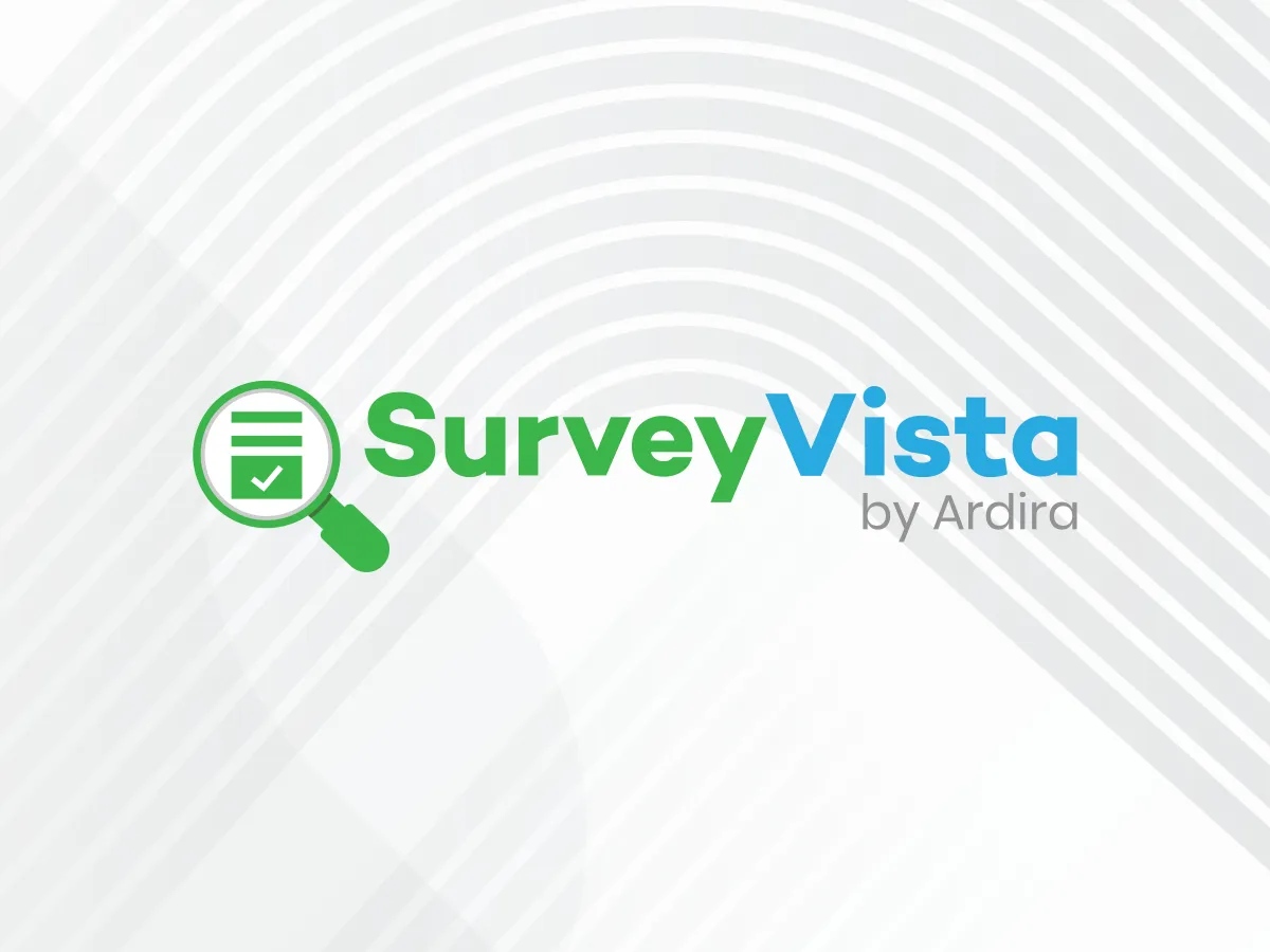 The logo for SurveyVista features a green magnifying glass icon containing a survey checklist. The text "SurveyVista" is styled in green and blue with the tagline "by Ardira."